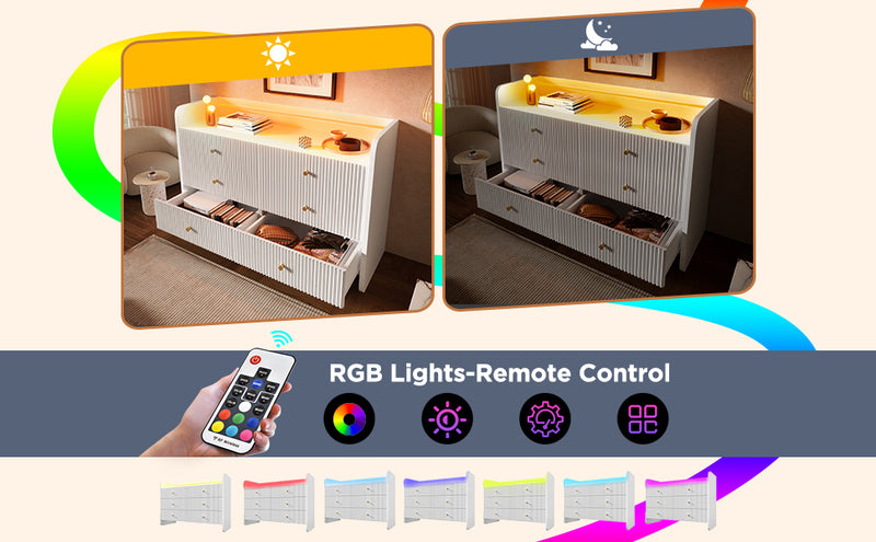 Buffet Blanc Ondulé Moderne avec Éclairage LED Multicolore et 6 Tiroirs Spacieux TRAGVAX