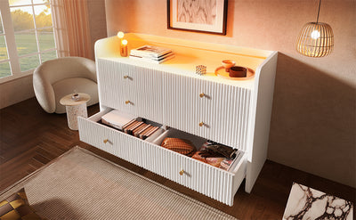 Buffet Blanc Ondulé Moderne avec Éclairage LED Multicolore et 6 Tiroirs Spacieux TRAGVAX