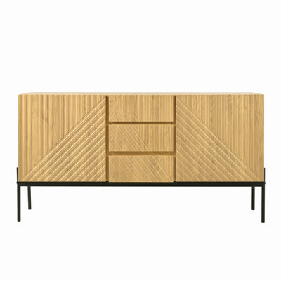 Buffet Industriel Moderne en Bois Naturel avec 3 Tiroirs, 2 Portes, Étagères Réglables et Pieds Métalliques (150x40x75cm) TREGRAINS