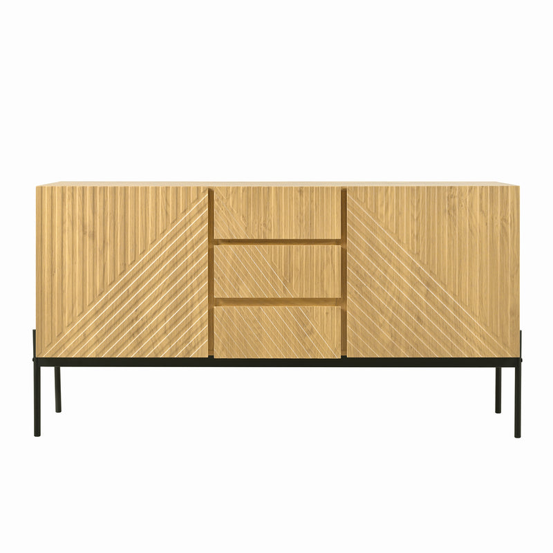 Buffet Industriel Moderne en Bois Naturel avec 3 Tiroirs, 2 Portes, Étagères Réglables et Pieds Métalliques (150x40x75cm) TREGRAINS
