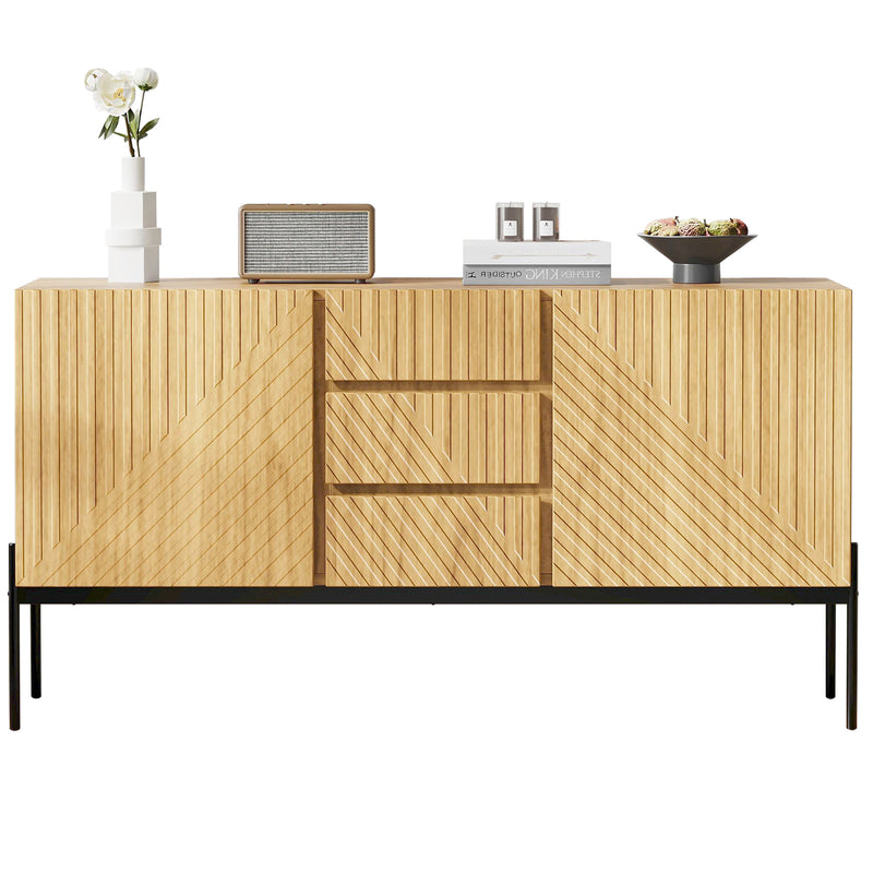 Buffet Industriel Moderne en Bois Naturel avec 3 Tiroirs, 2 Portes, Étagères Réglables et Pieds Métalliques (150x40x75cm) TREGRAINS