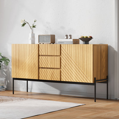 Buffet Industriel Moderne en Bois Naturel avec 3 Tiroirs, 2 Portes, Étagères Réglables et Pieds Métalliques (150x40x75cm) TREGRAINS
