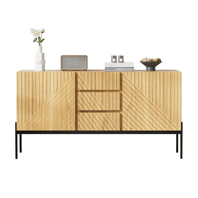 Buffet Industriel Moderne en Bois Naturel avec 3 Tiroirs, 2 Portes, Étagères Réglables et Pieds Métalliques (150x40x75cm) TREGRAINS