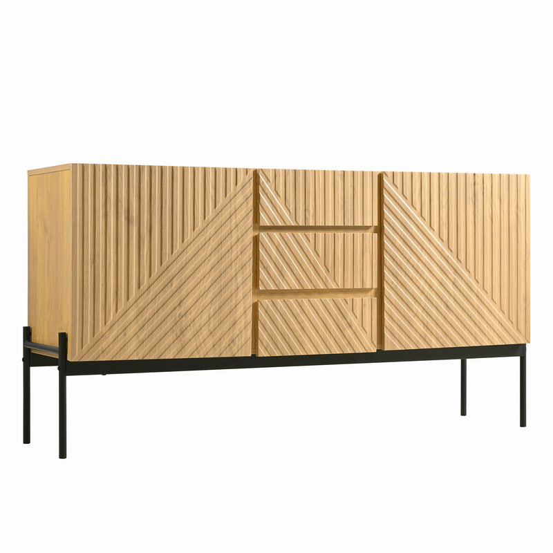 Buffet Industriel Moderne en Bois Naturel avec 3 Tiroirs, 2 Portes, Étagères Réglables et Pieds Métalliques (150x40x75cm) TREGRAINS