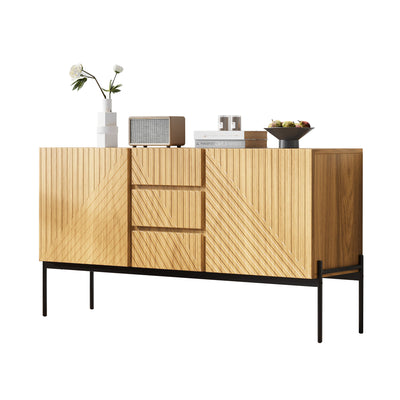 Buffet Industriel Moderne en Bois Naturel avec 3 Tiroirs, 2 Portes, Étagères Réglables et Pieds Métalliques (150x40x75cm) TREGRAINS