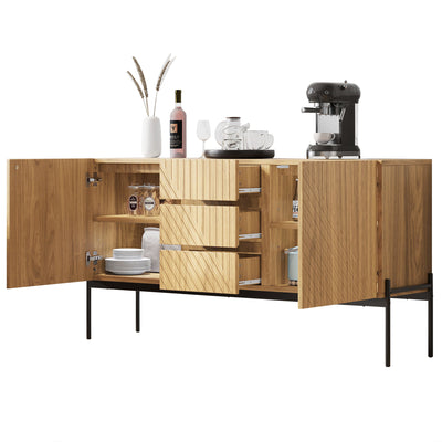Buffet Industriel Moderne en Bois Naturel avec 3 Tiroirs, 2 Portes, Étagères Réglables et Pieds Métalliques (150x40x75cm) TREGRAINS