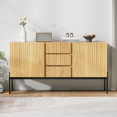 Buffet Industriel Moderne en Bois Naturel avec 3 Tiroirs, 2 Portes, Étagères Réglables et Pieds Métalliques (150x40x75cm) TREGRAINS