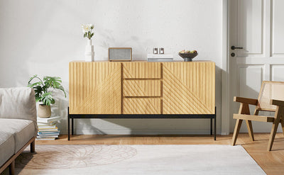 Buffet Industriel Moderne en Bois Naturel avec 3 Tiroirs, 2 Portes, Étagères Réglables et Pieds Métalliques (150x40x75cm) TREGRAINS