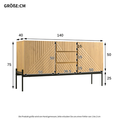 Buffet Industriel Moderne en Bois Naturel avec 3 Tiroirs, 2 Portes, Étagères Réglables et Pieds Métalliques (150x40x75cm) TREGRAINS