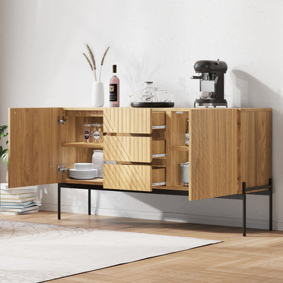 Buffet Industriel Moderne en Bois Naturel avec 3 Tiroirs, 2 Portes, Étagères Réglables et Pieds Métalliques (150x40x75cm) TREGRAINS