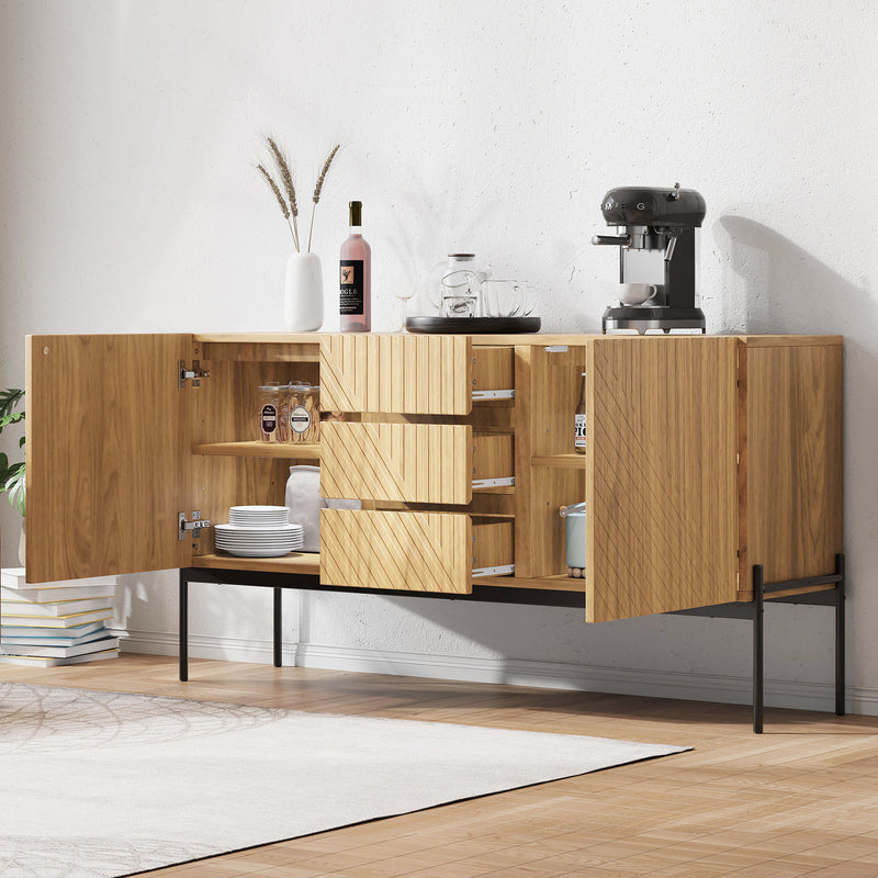Buffet Industriel Moderne en Bois Naturel avec 3 Tiroirs, 2 Portes, Étagères Réglables et Pieds Métalliques (150x40x75cm) TREGRAINS