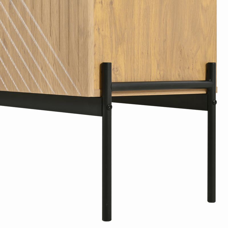 Buffet Industriel Moderne en Bois Naturel avec 3 Tiroirs, 2 Portes, Étagères Réglables et Pieds Métalliques (150x40x75cm) TREGRAINS