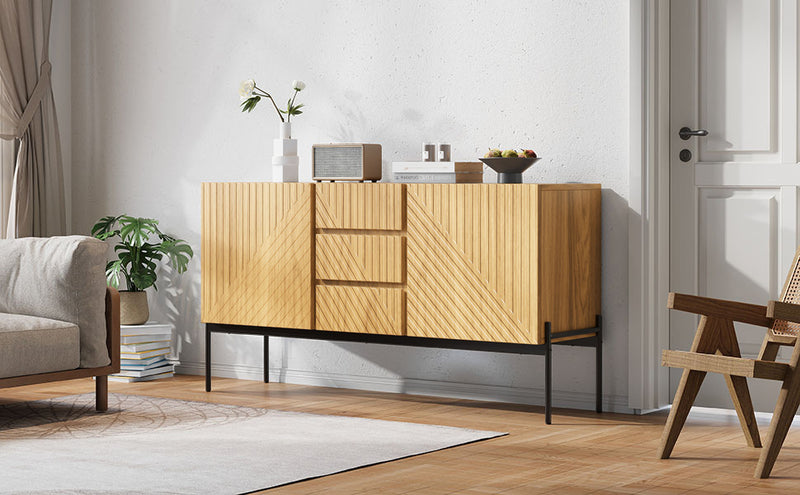 Buffet Industriel Moderne en Bois Naturel avec 3 Tiroirs, 2 Portes, Étagères Réglables et Pieds Métalliques (150x40x75cm) TREGRAINS