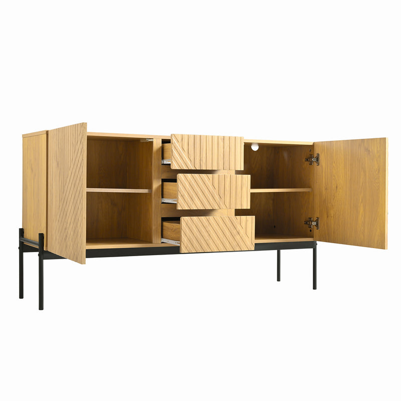 Buffet Industriel Moderne en Bois Naturel avec 3 Tiroirs, 2 Portes, Étagères Réglables et Pieds Métalliques (150x40x75cm) TREGRAINS
