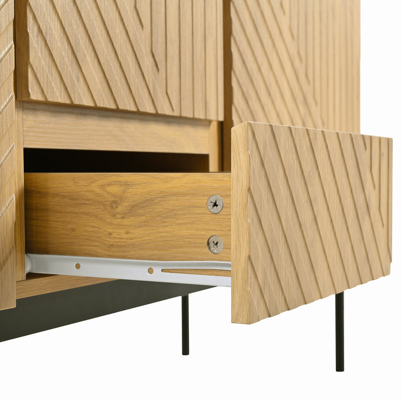 Buffet Industriel Moderne en Bois Naturel avec 3 Tiroirs, 2 Portes, Étagères Réglables et Pieds Métalliques (150x40x75cm) TREGRAINS