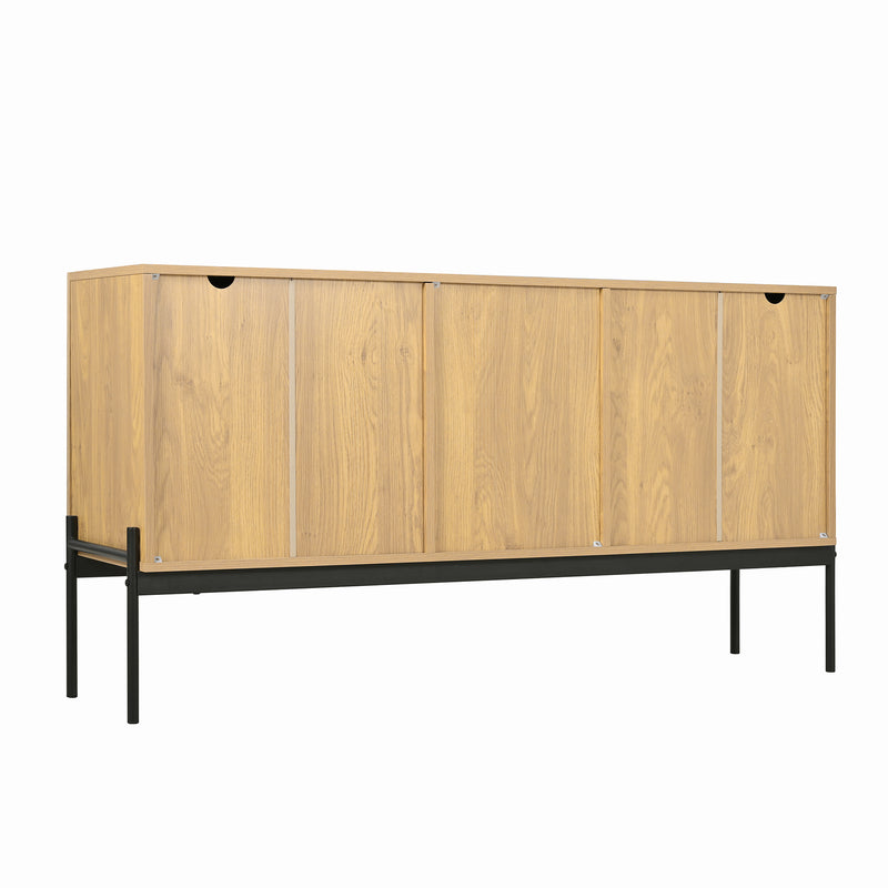 Buffet Industriel Moderne en Bois Naturel avec 3 Tiroirs, 2 Portes, Étagères Réglables et Pieds Métalliques (150x40x75cm) TREGRAINS
