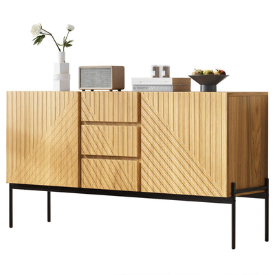 Buffet Industriel Moderne en Bois Naturel avec 3 Tiroirs, 2 Portes, Étagères Réglables et Pieds Métalliques (150x40x75cm) TREGRAINS