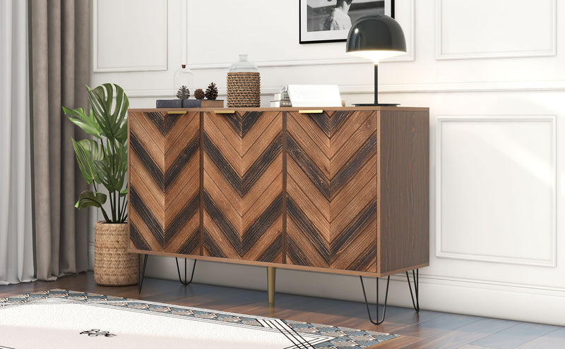 Buffet Industriel Moderne en Bois Naturel avec 3 Portes, Poignées Dorées et Pieds en Fer Robuste (120x38x76.5cm) TRETEOX