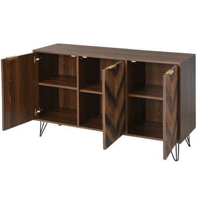 Buffet Industriel Moderne en Bois Naturel avec 3 Portes, Poignées Dorées et Pieds en Fer Robuste (120x38x76.5cm) TRETEOX