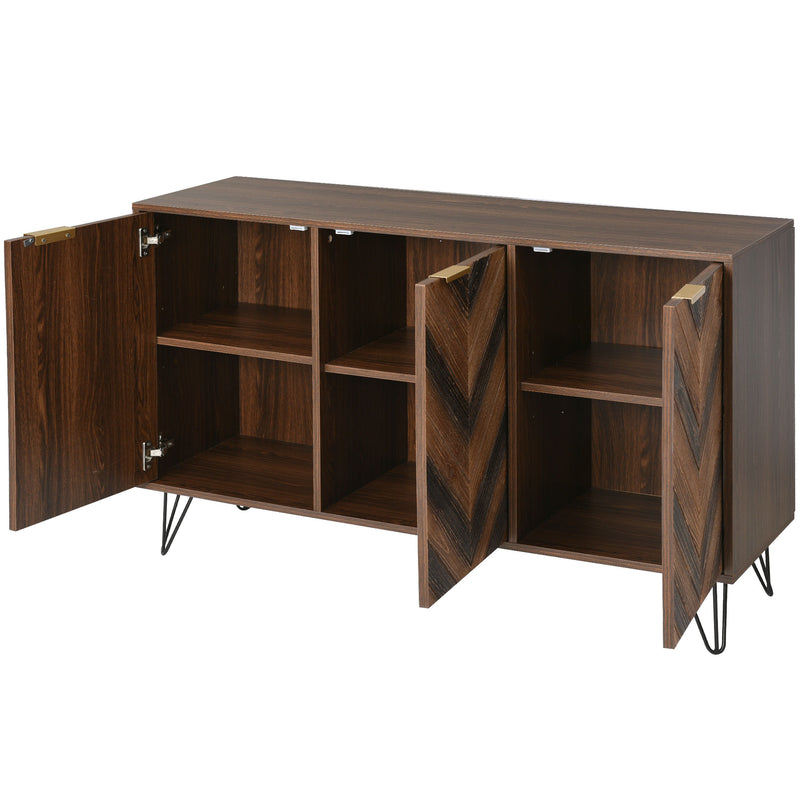 Buffet Industriel Moderne en Bois Naturel avec 3 Portes, Poignées Dorées et Pieds en Fer Robuste (120x38x76.5cm) TRETEOX
