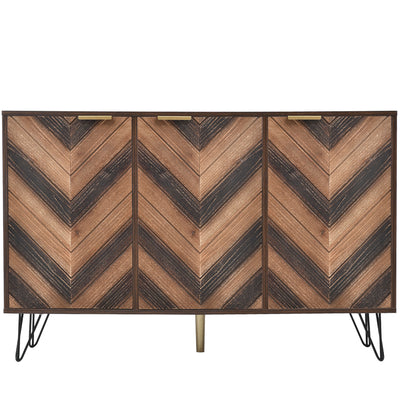 Buffet Industriel Moderne en Bois Naturel avec 3 Portes, Poignées Dorées et Pieds en Fer Robuste (120x38x76.5cm) TRETEOX