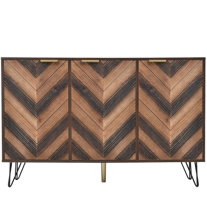 Buffet Industriel Moderne en Bois Naturel avec 3 Portes, Poignées Dorées et Pieds en Fer Robuste (120x38x76.5cm) TRETEOX