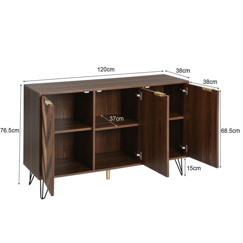 Buffet Industriel Moderne en Bois Naturel avec 3 Portes, Poignées Dorées et Pieds en Fer Robuste (120x38x76.5cm) TRETEOX