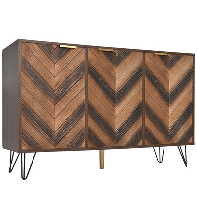 Buffet Industriel Moderne en Bois Naturel avec 3 Portes, Poignées Dorées et Pieds en Fer Robuste (120x38x76.5cm) TRETEOX