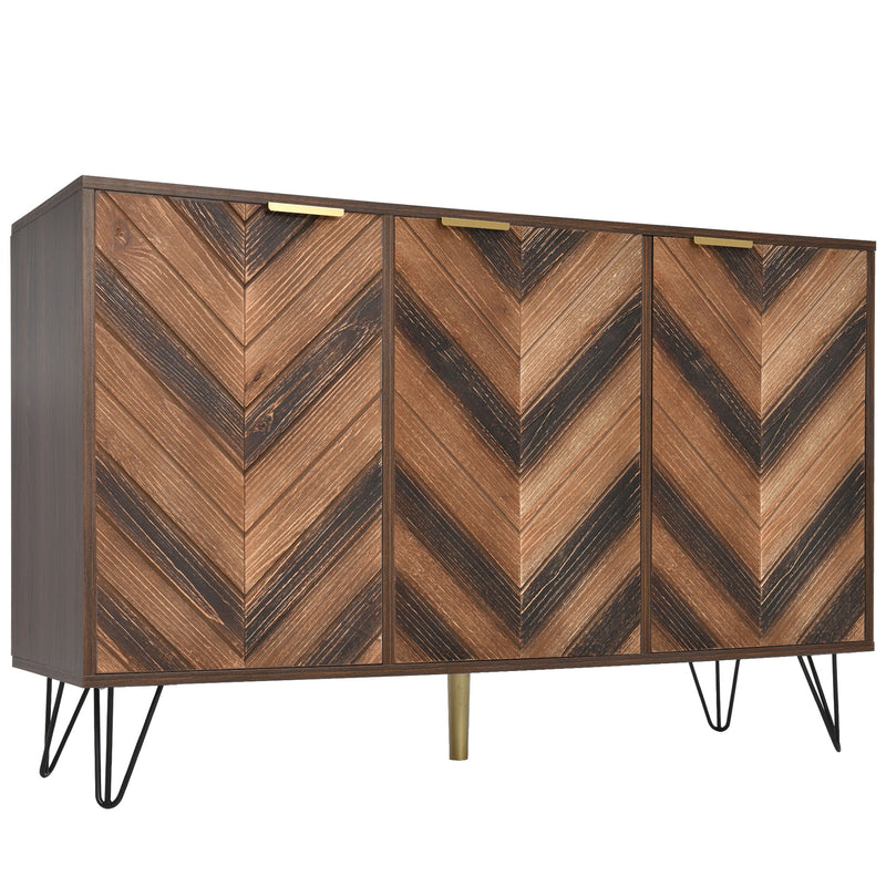 Buffet Industriel Moderne en Bois Naturel avec 3 Portes, Poignées Dorées et Pieds en Fer Robuste (120x38x76.5cm) TRETEOX