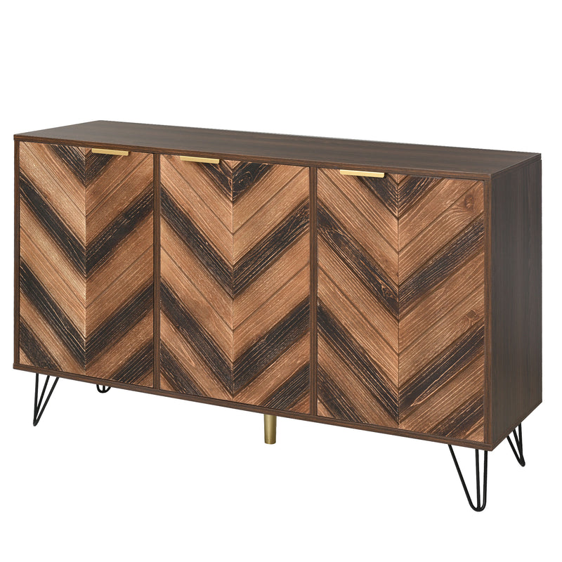 Buffet Industriel Moderne en Bois Naturel avec 3 Portes, Poignées Dorées et Pieds en Fer Robuste (120x38x76.5cm) TRETEOX