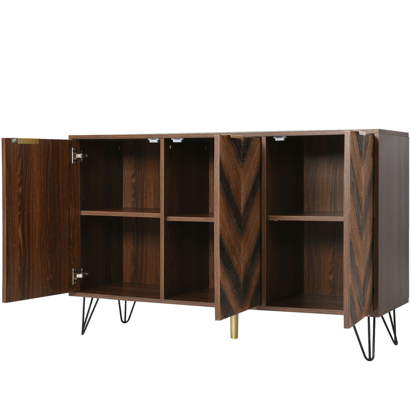 Buffet Industriel Moderne en Bois Naturel avec 3 Portes, Poignées Dorées et Pieds en Fer Robuste (120x38x76.5cm) TRETEOX