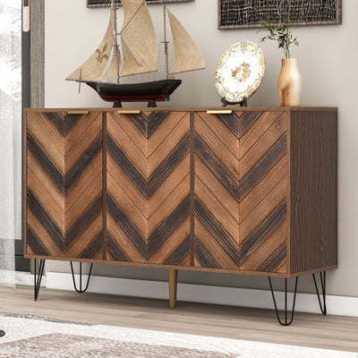 Buffet Industriel Moderne en Bois Naturel avec 3 Portes, Poignées Dorées et Pieds en Fer Robuste (120x38x76.5cm) TRETEOX