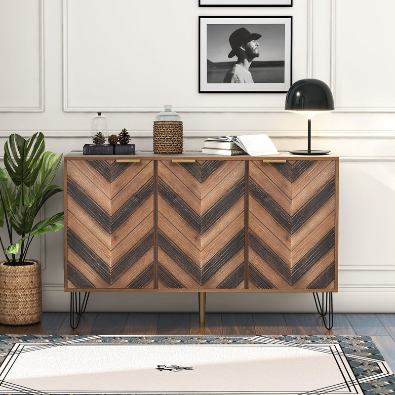 Buffet Industriel Moderne en Bois Naturel avec 3 Portes, Poignées Dorées et Pieds en Fer Robuste (120x38x76.5cm) TRETEOX