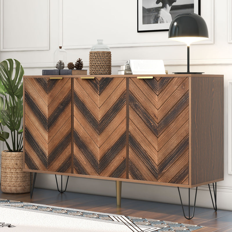 Buffet Industriel Moderne en Bois Naturel avec 3 Portes, Poignées Dorées et Pieds en Fer Robuste (120x38x76.5cm) TRETEOX