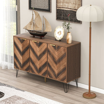 Buffet Industriel Moderne en Bois Naturel avec 3 Portes, Poignées Dorées et Pieds en Fer Robuste (120x38x76.5cm) TRETEOX