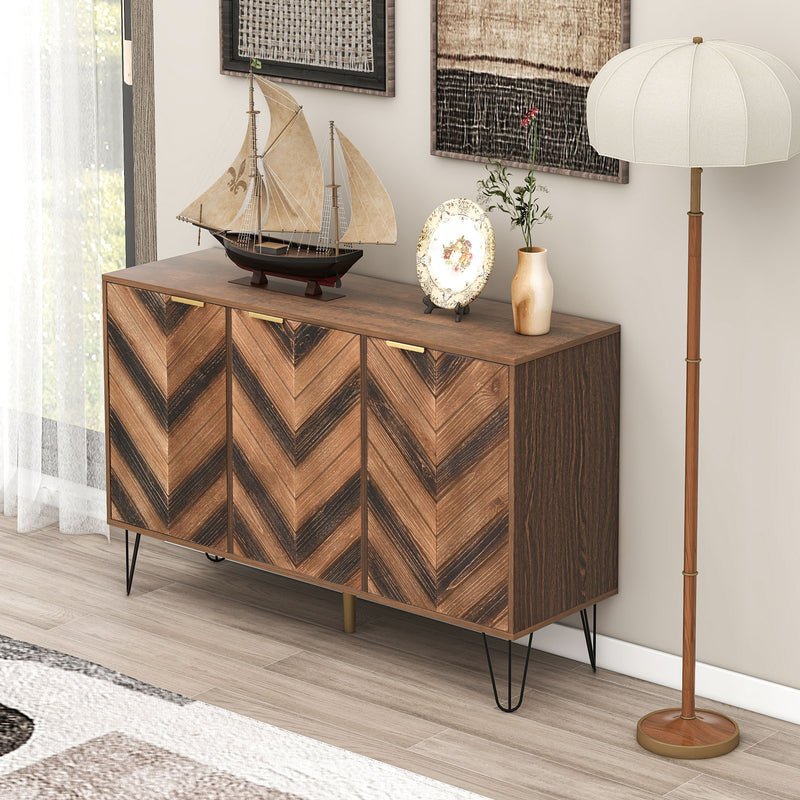 Buffet Industriel Moderne en Bois Naturel avec 3 Portes, Poignées Dorées et Pieds en Fer Robuste (120x38x76.5cm) TRETEOX