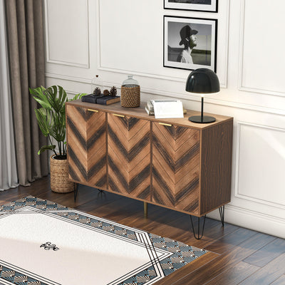 Buffet Industriel Moderne en Bois Naturel avec 3 Portes, Poignées Dorées et Pieds en Fer Robuste (120x38x76.5cm) TRETEOX
