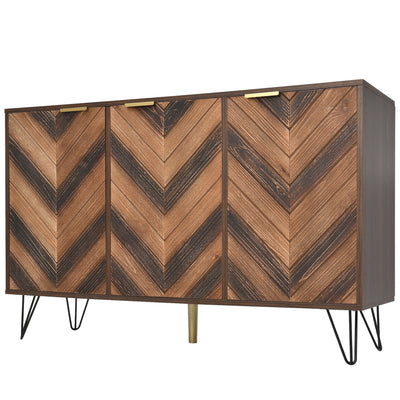 Buffet Industriel Moderne en Bois Naturel avec 3 Portes, Poignées Dorées et Pieds en Fer Robuste (120x38x76.5cm) TRETEOX