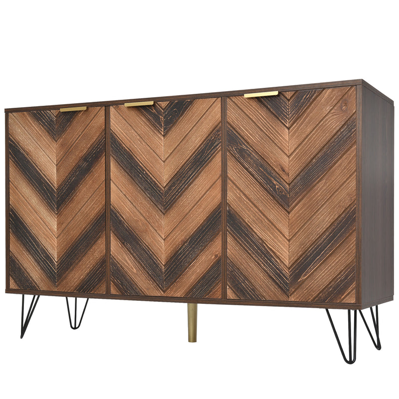 Buffet Industriel Moderne en Bois Naturel avec 3 Portes, Poignées Dorées et Pieds en Fer Robuste (120x38x76.5cm) TRETEOX