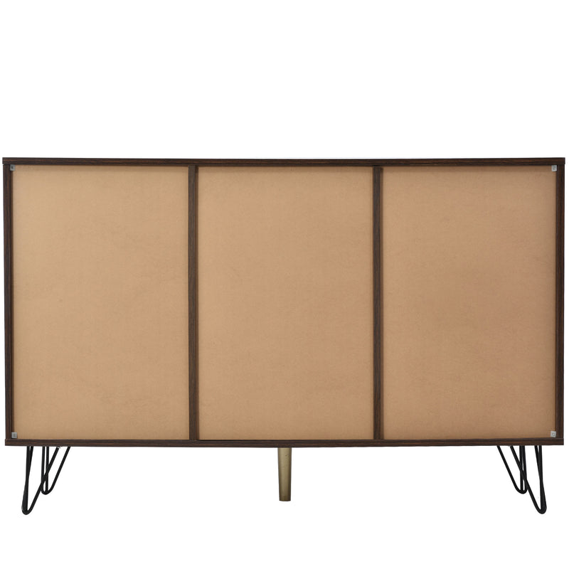 Buffet Industriel Moderne en Bois Naturel avec 3 Portes, Poignées Dorées et Pieds en Fer Robuste (120x38x76.5cm) TRETEOX