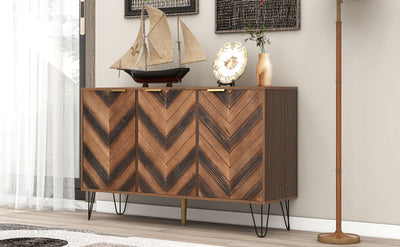 Buffet Industriel Moderne en Bois Naturel avec 3 Portes, Poignées Dorées et Pieds en Fer Robuste (120x38x76.5cm) TRETEOX