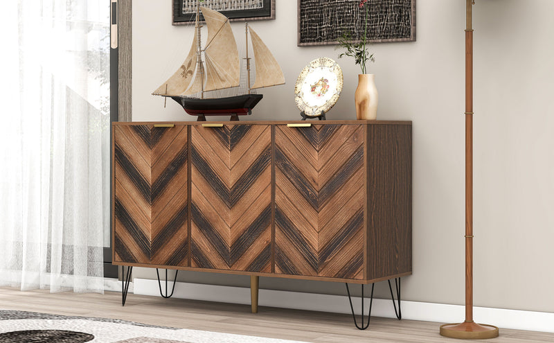 Buffet Industriel Moderne en Bois Naturel avec 3 Portes, Poignées Dorées et Pieds en Fer Robuste (120x38x76.5cm) TRETEOX
