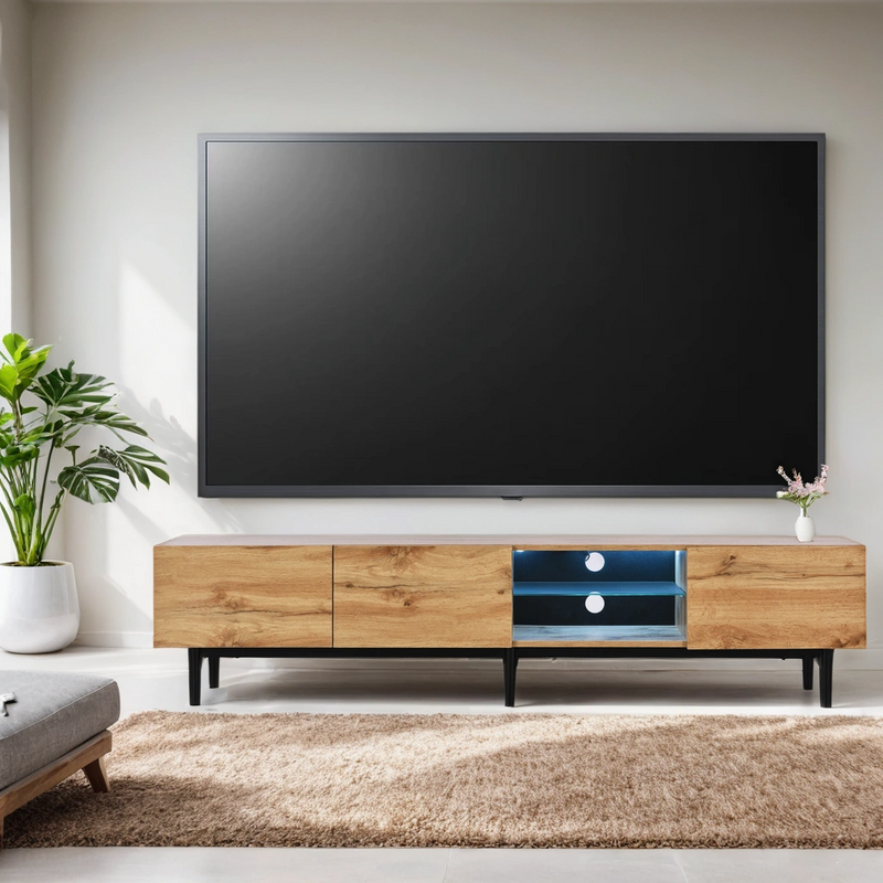 Meuble TV Moderne Effet Chêne Clair avec LED Multicolores et Rangement TRIEVAIT
