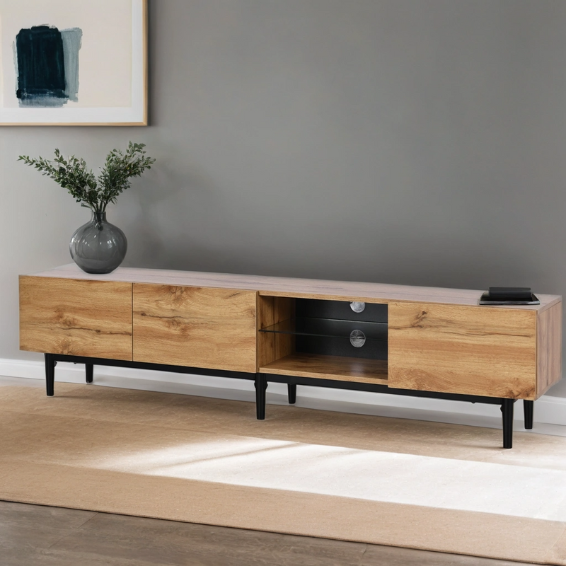 Meuble TV Moderne Effet Chêne Clair avec LED Multicolores et Rangement TRIEVAIT