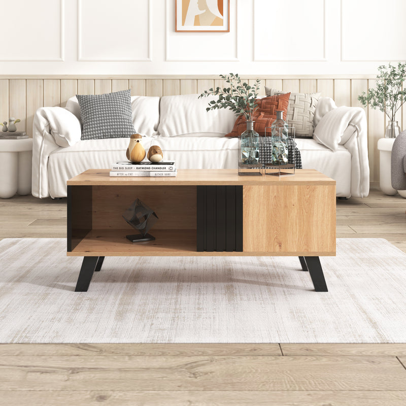 Table Basse Design en Bois et Noir avec Rangement Multi-Compartiments (100x60x45cm) TRONNEALL.