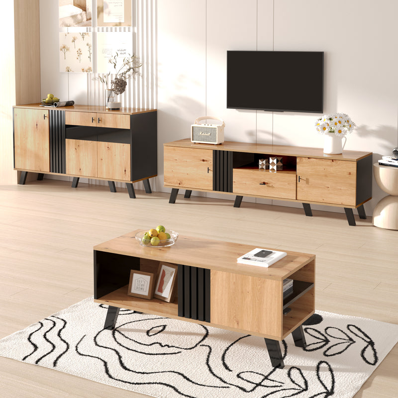 Table Basse Design en Bois et Noir avec Rangement Multi-Compartiments (100x60x45cm) TRONNEALL.