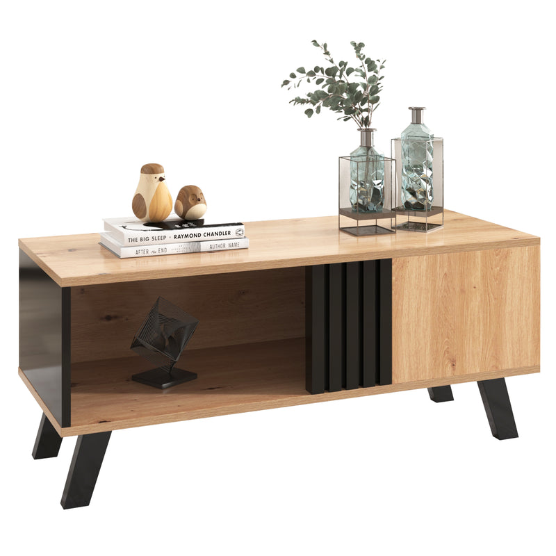 Table Basse Design en Bois et Noir avec Rangement Multi-Compartiments (100x60x45cm) TRONNEALL.