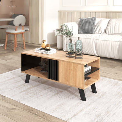 Table Basse Design en Bois et Noir avec Rangement Multi-Compartiments (100x60x45cm) TRONNEALL.