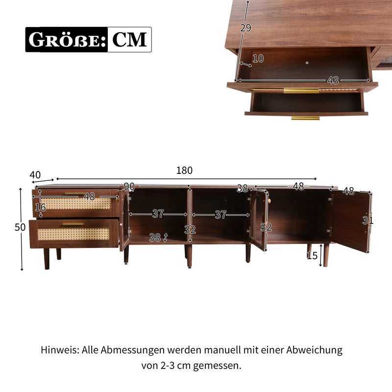 Meuble TV Marron de 180 cm avec Tiroirs en Rotin, TURKAN