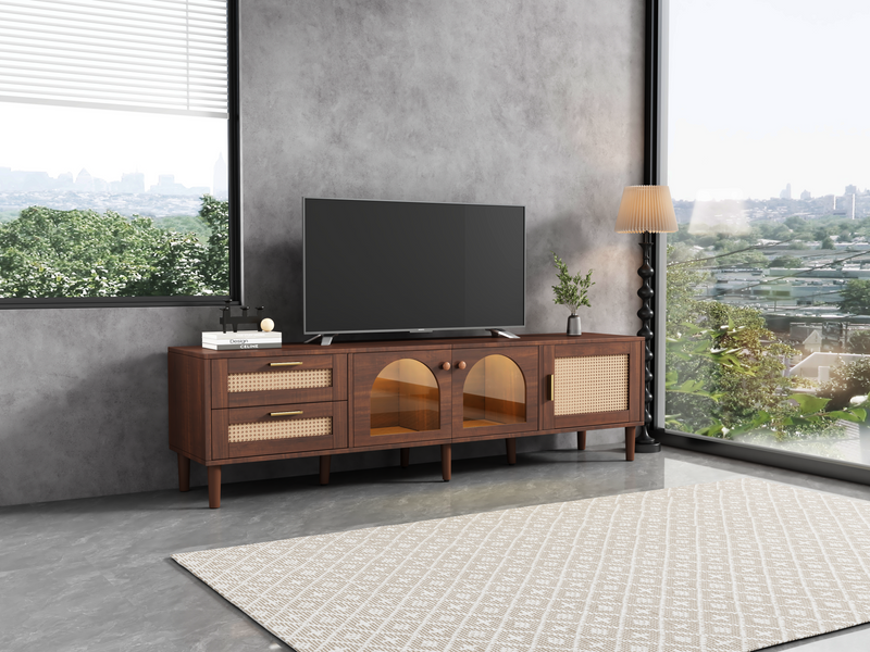 Meuble TV Marron de 180 cm avec Tiroirs en Rotin, TURKAN